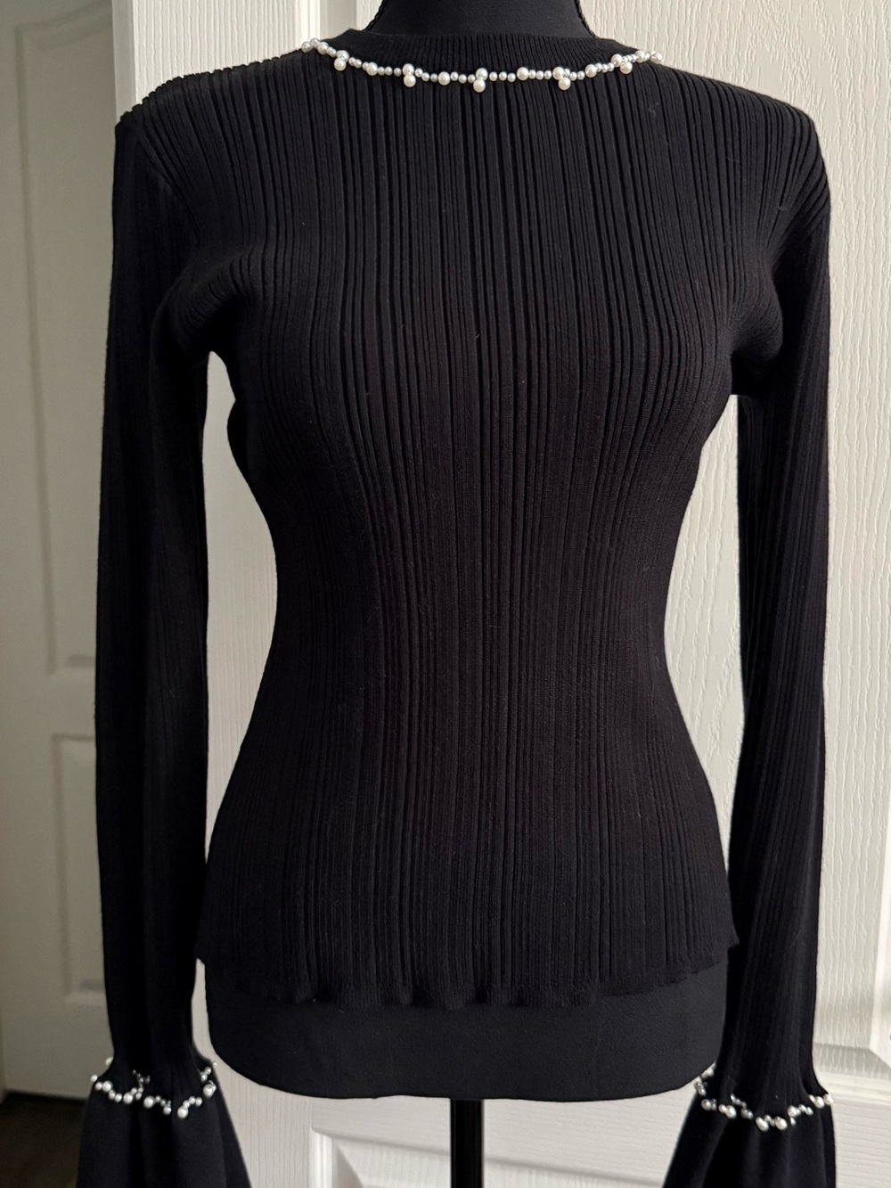 Commense Black Ribbed Long-Sleeve Top with Pearl Trim Size Large